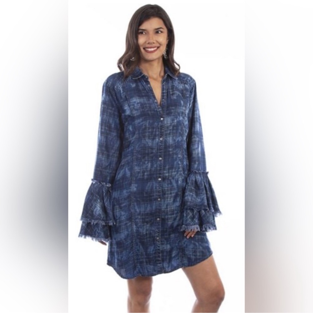 Rodeo Ready! Ryan Michael Women's Indigo Plaid Tiered Sleeve Dress in Size XL. - Picture 3 of 12